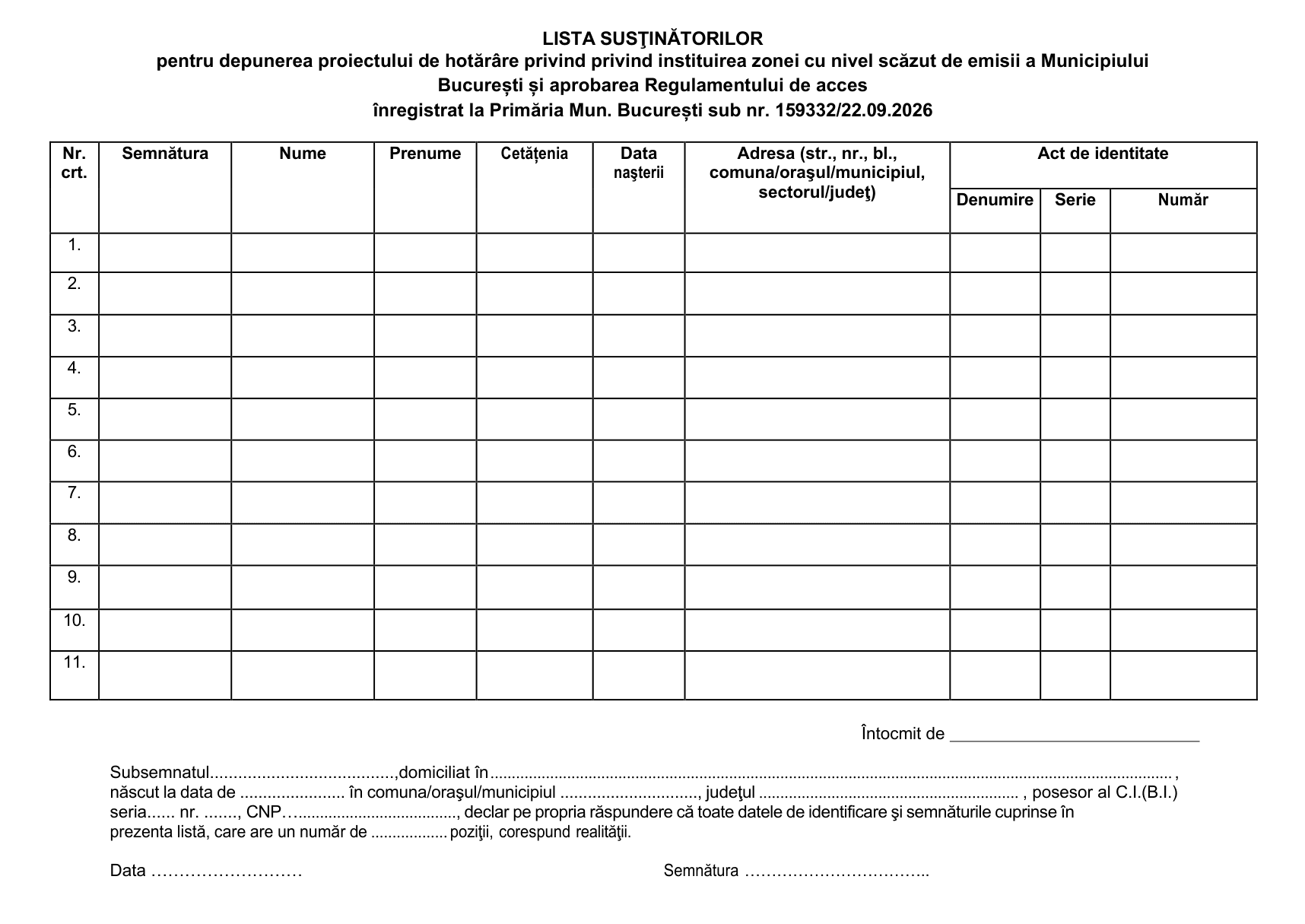 Lista susținătorilor: titlul cererii și numărul ei de înregistrare la Primărie, tabelul cu rubricile de completat — semnătura, nume, prenume, cetățenie, data nașterii, adresa și actul de identitate — și, dedesubt, declarația pe propria răspundere a celui care strânge semnăturile
